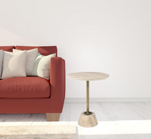 Mesa de pedestal en rubio claro con detalles dorados