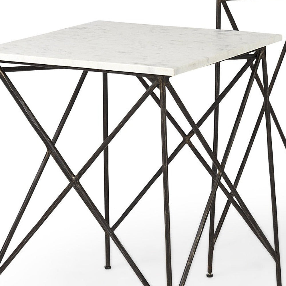 Antiqued Angular Metal And Marble End Table