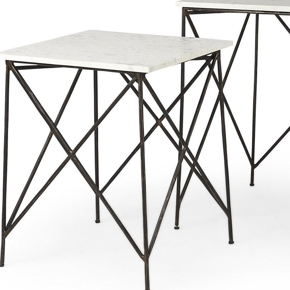 Antiqued Angular Metal And Marble End Table