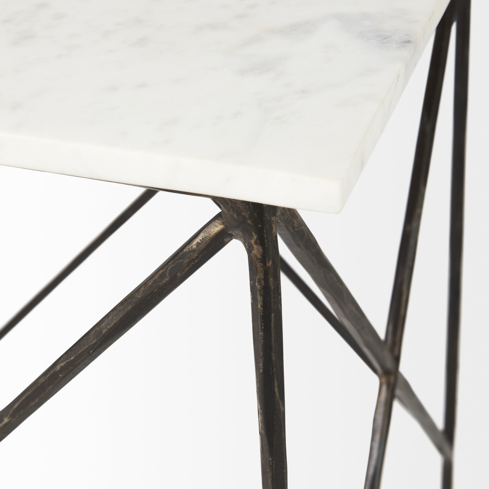 Antiqued Angular Metal And Marble End Table