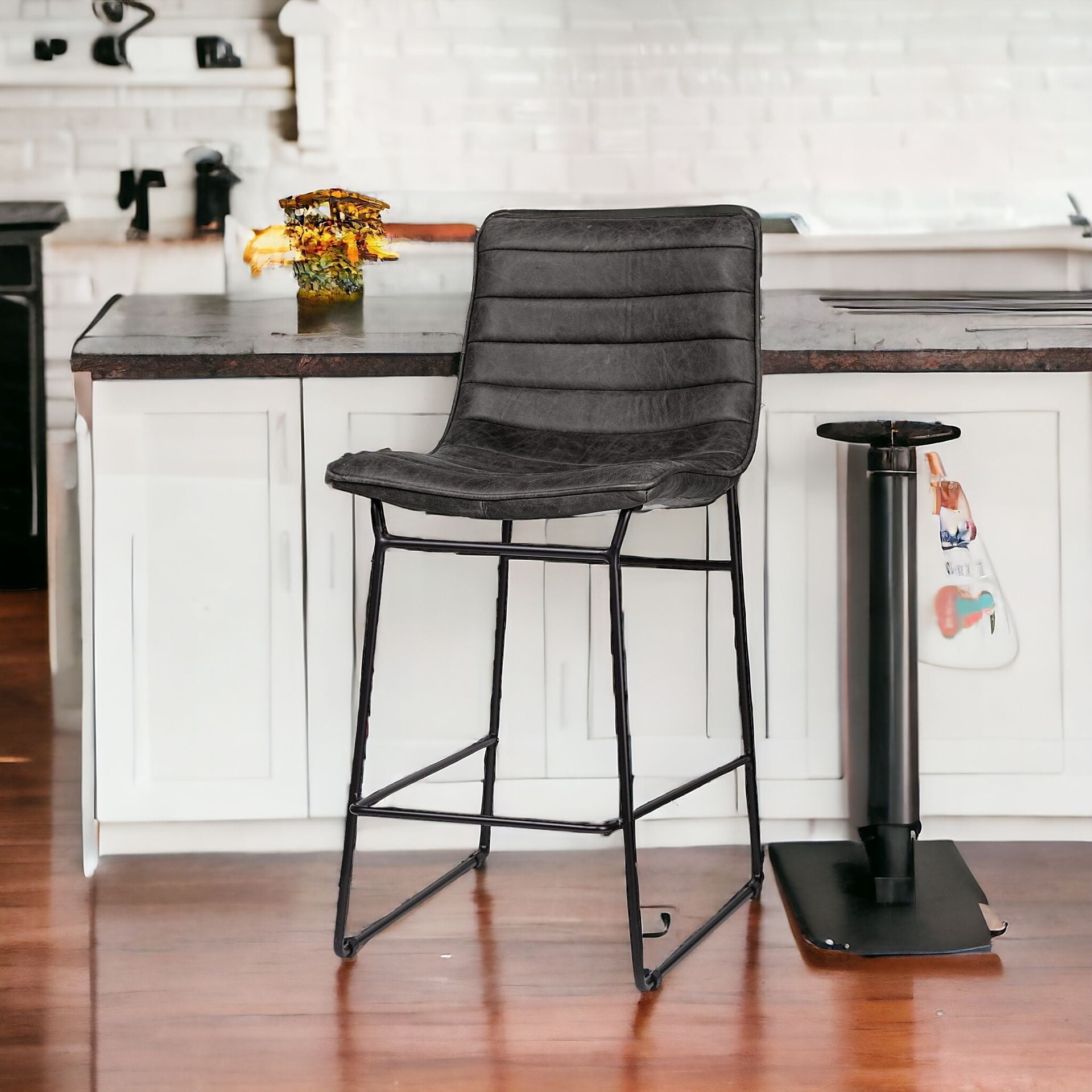 Black Leather Metal Frame Counter Stool