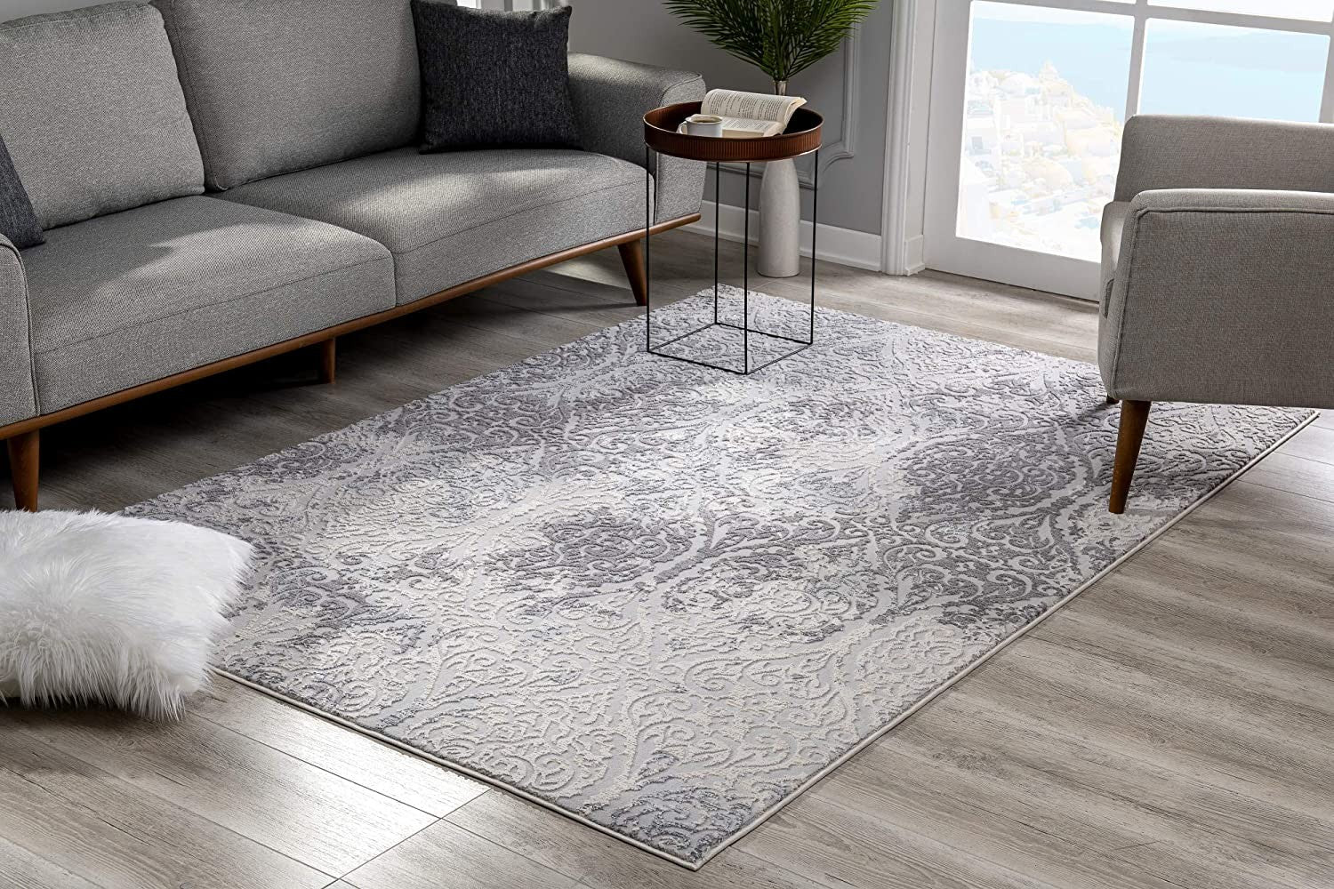 4’ X 6’ Cream And Gray Tinted Ogee Pattern Area Rug
