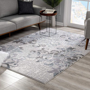 5’ X 8’ Blue And Gray Floral Filigree Area Rug