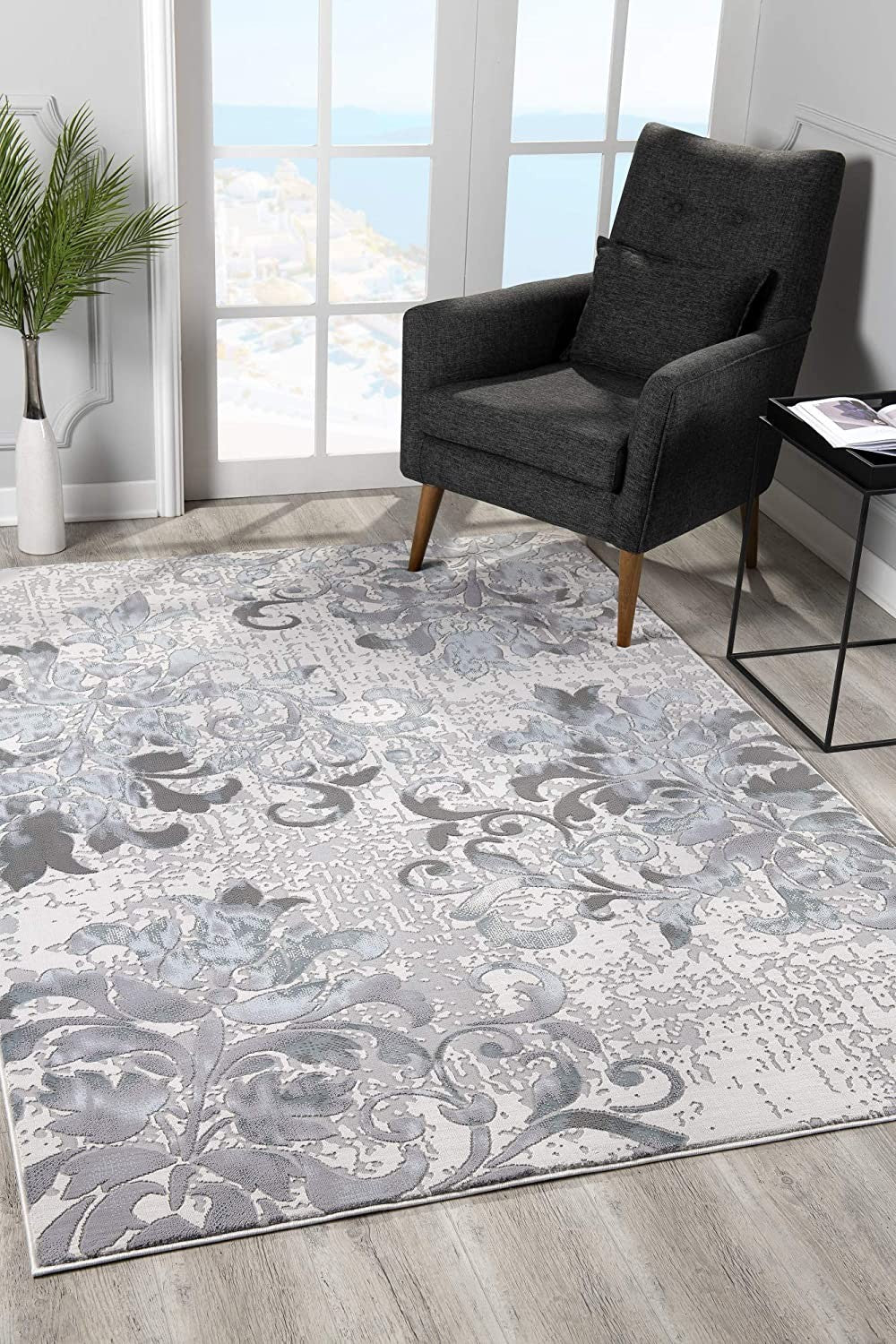 5’ X 8’ Blue And Gray Floral Filigree Area Rug