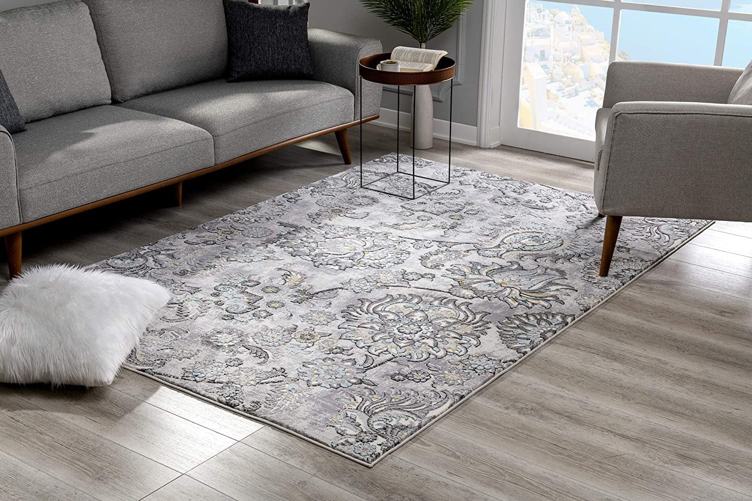 5’ X 8’ Gray Modern Jacobean Floral Area Rug