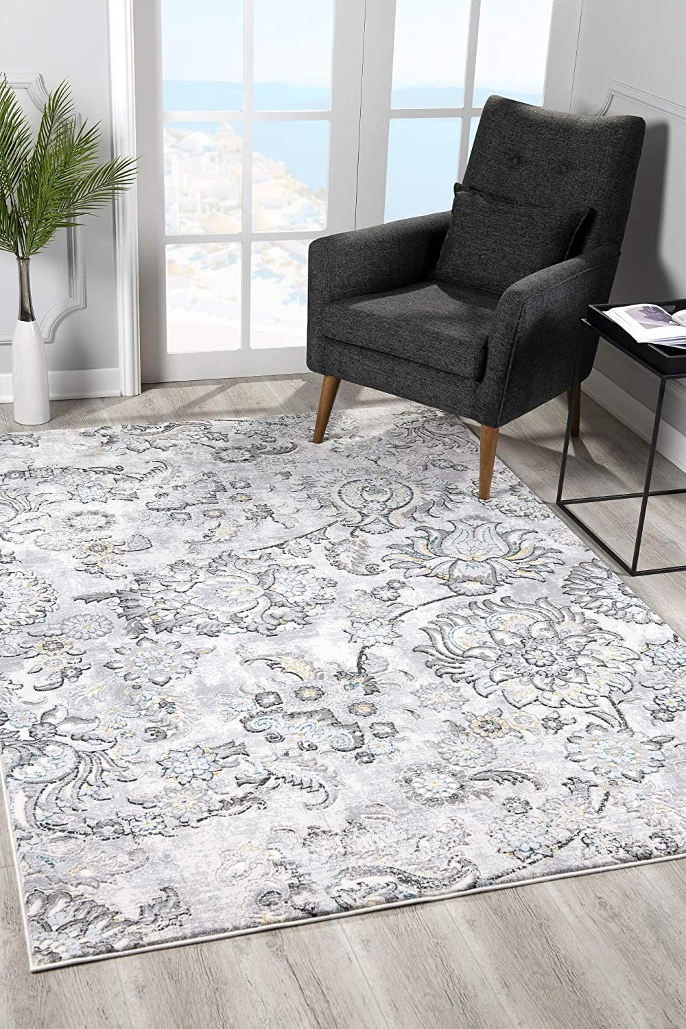 5’ X 8’ Gray Modern Jacobean Floral Area Rug
