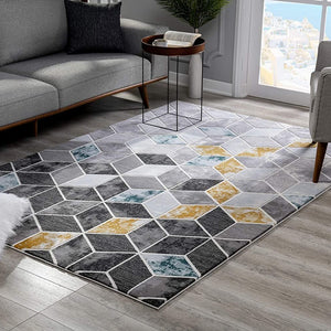 5’ X 8’ Gray And Gold Cubic Block Area Rug
