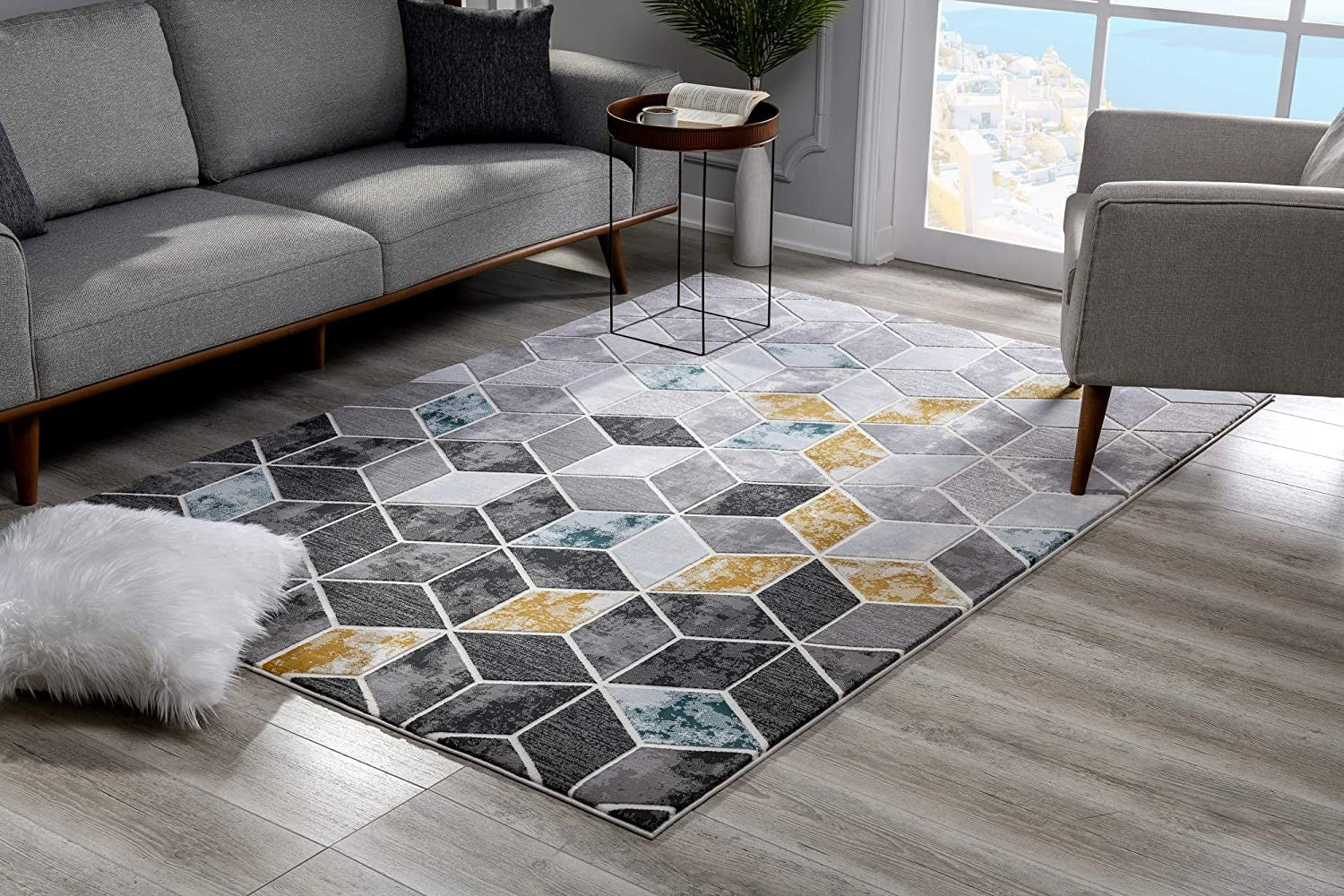 5’ X 8’ Gray And Gold Cubic Block Area Rug
