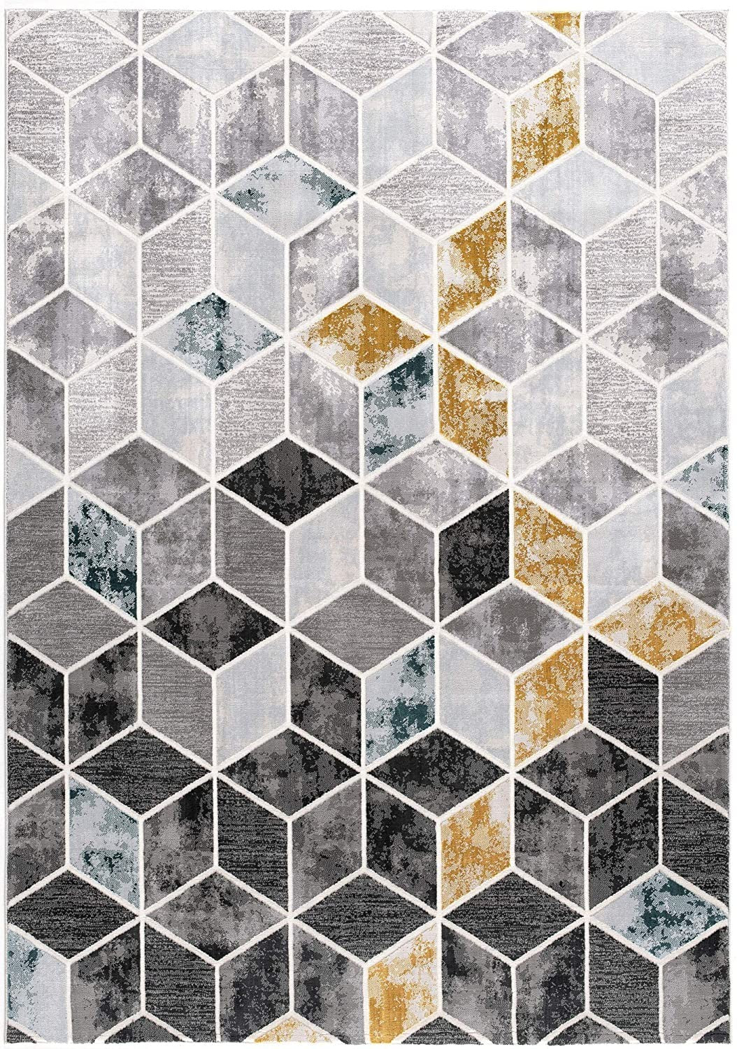 5’ X 8’ Gray And Gold Cubic Block Area Rug