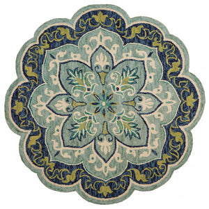4’ Round Blue Ornate Medallion Area Rug