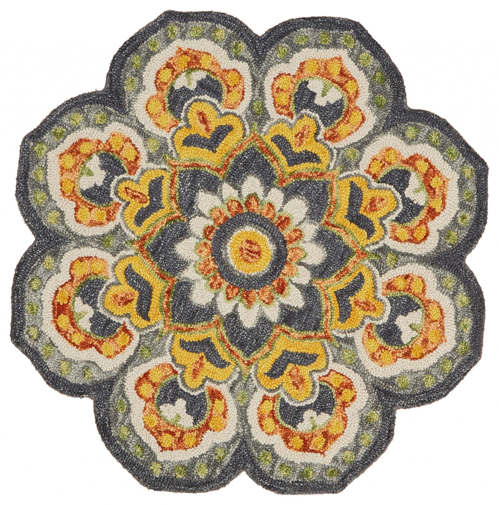 4’ Round Gray And Gold Floret Area Rug