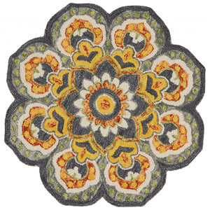 4’ Round Gray And Gold Floret Area Rug