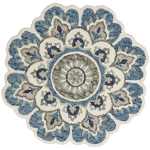 4’ Round Blue Modern Floral Area Rug