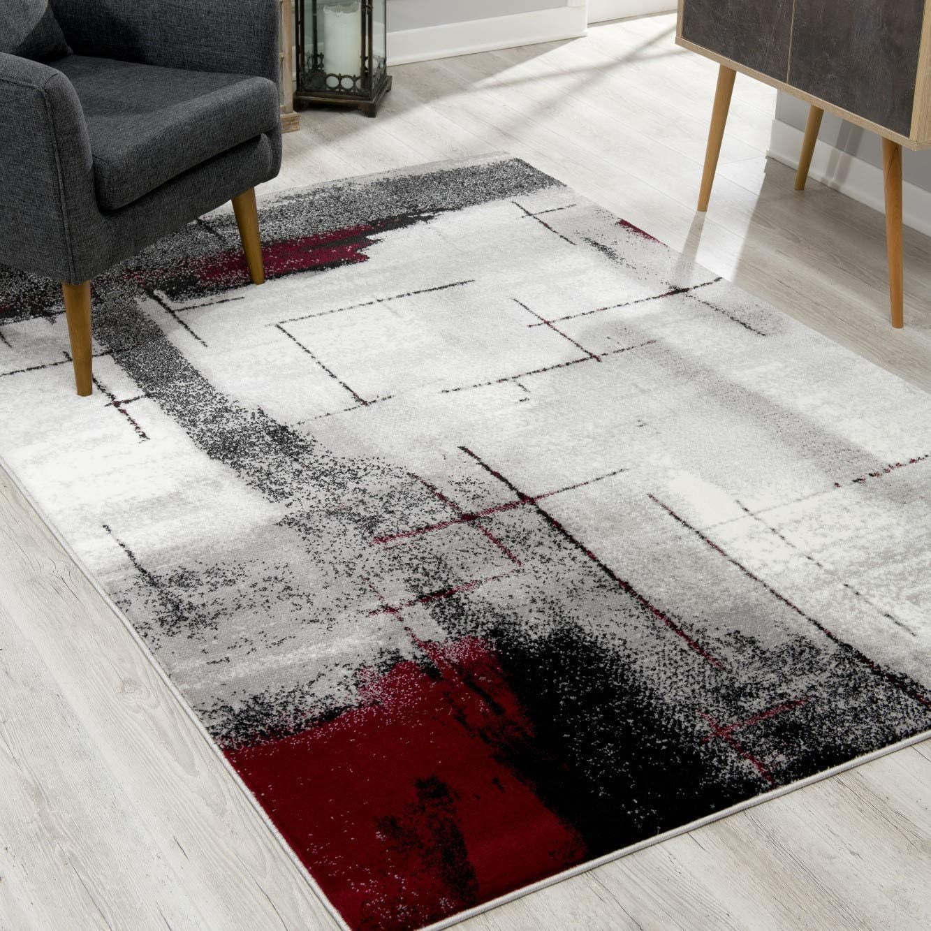 2’ X 10’ Gray And Burgundy Abstract Runner Rug