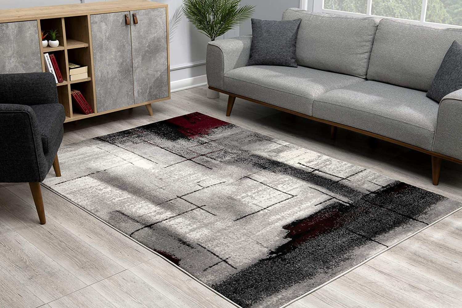 2’ X 10’ Gray And Burgundy Abstract Runner Rug
