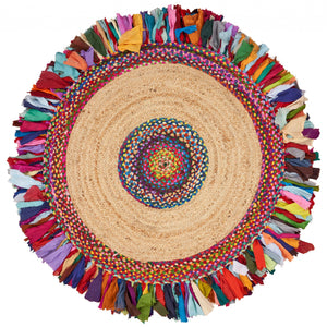 Natural Jute Multicolored Medallion Area Rug With Fringe