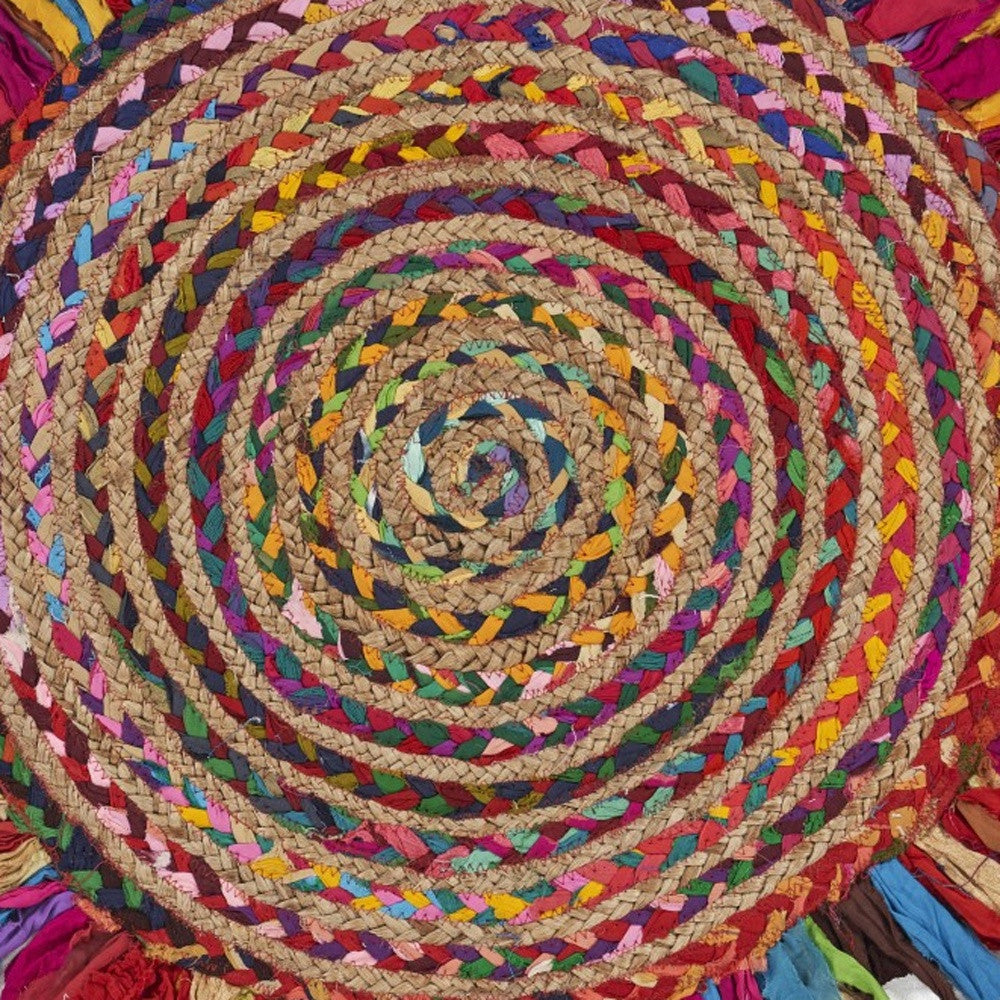 Multicolored Chindi And Natural Jute Fringed Round Rug