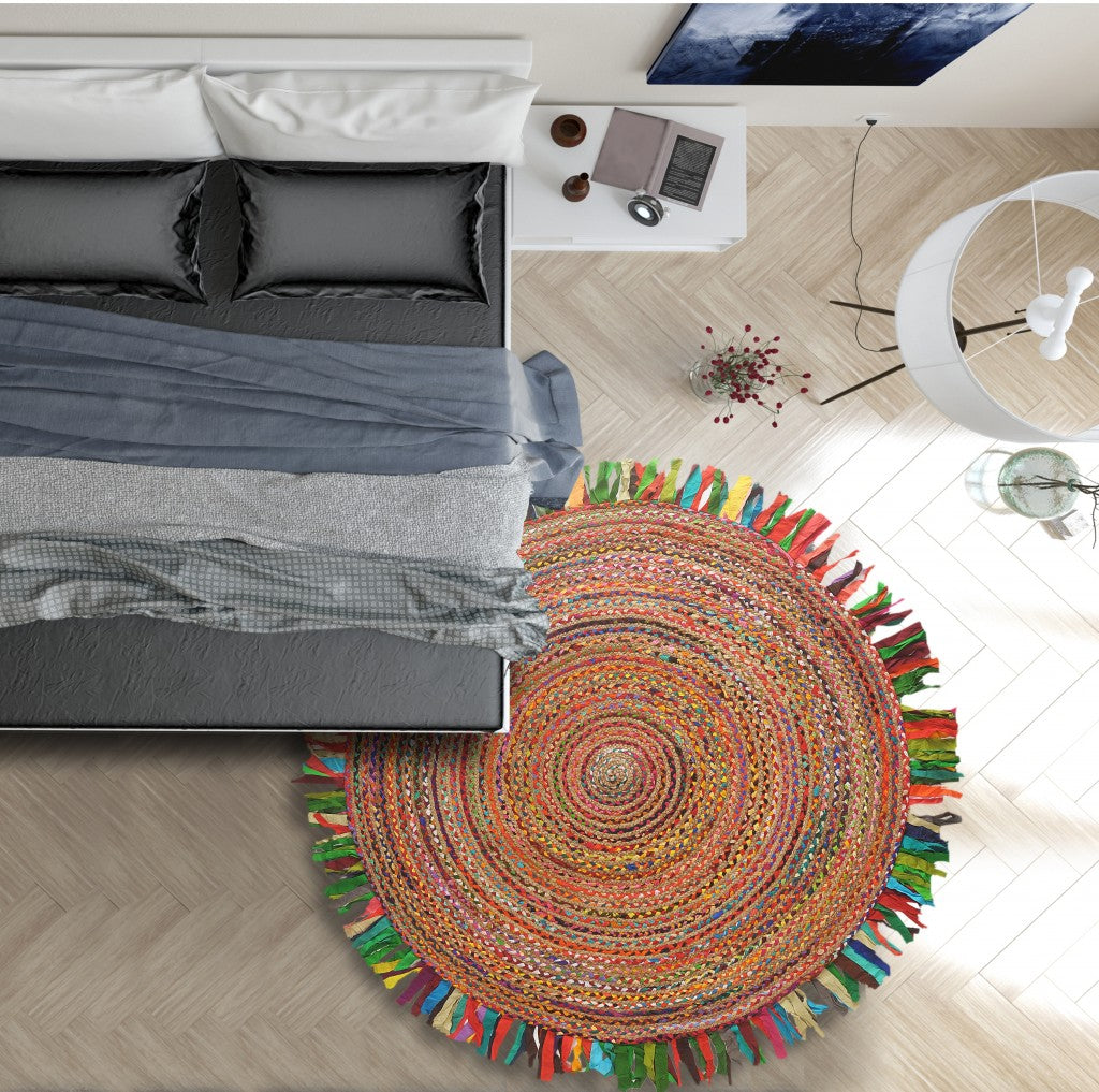Multicolored Chindi And Natural Jute Fringed Round Rug