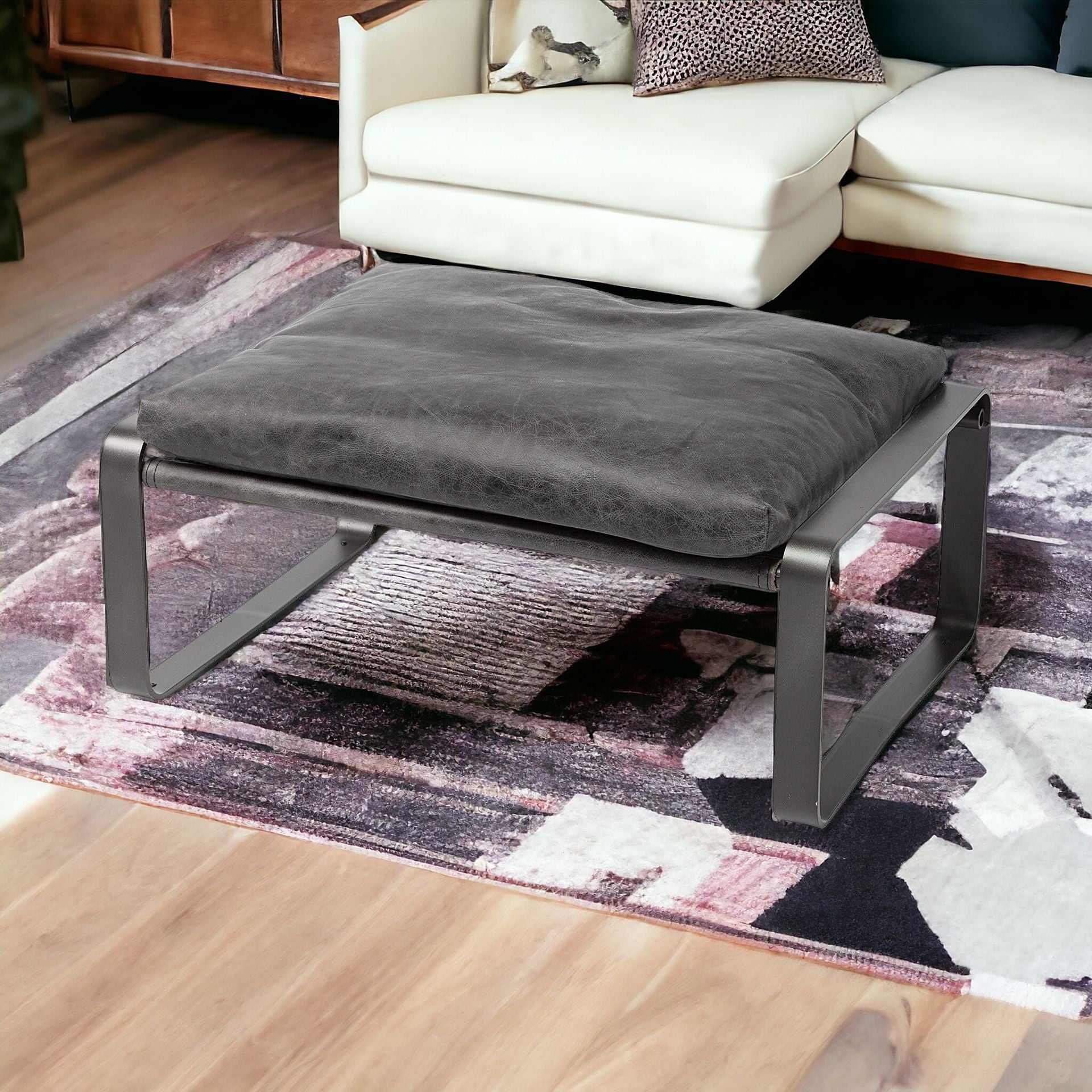 現代黑色皮革金屬底座腳凳