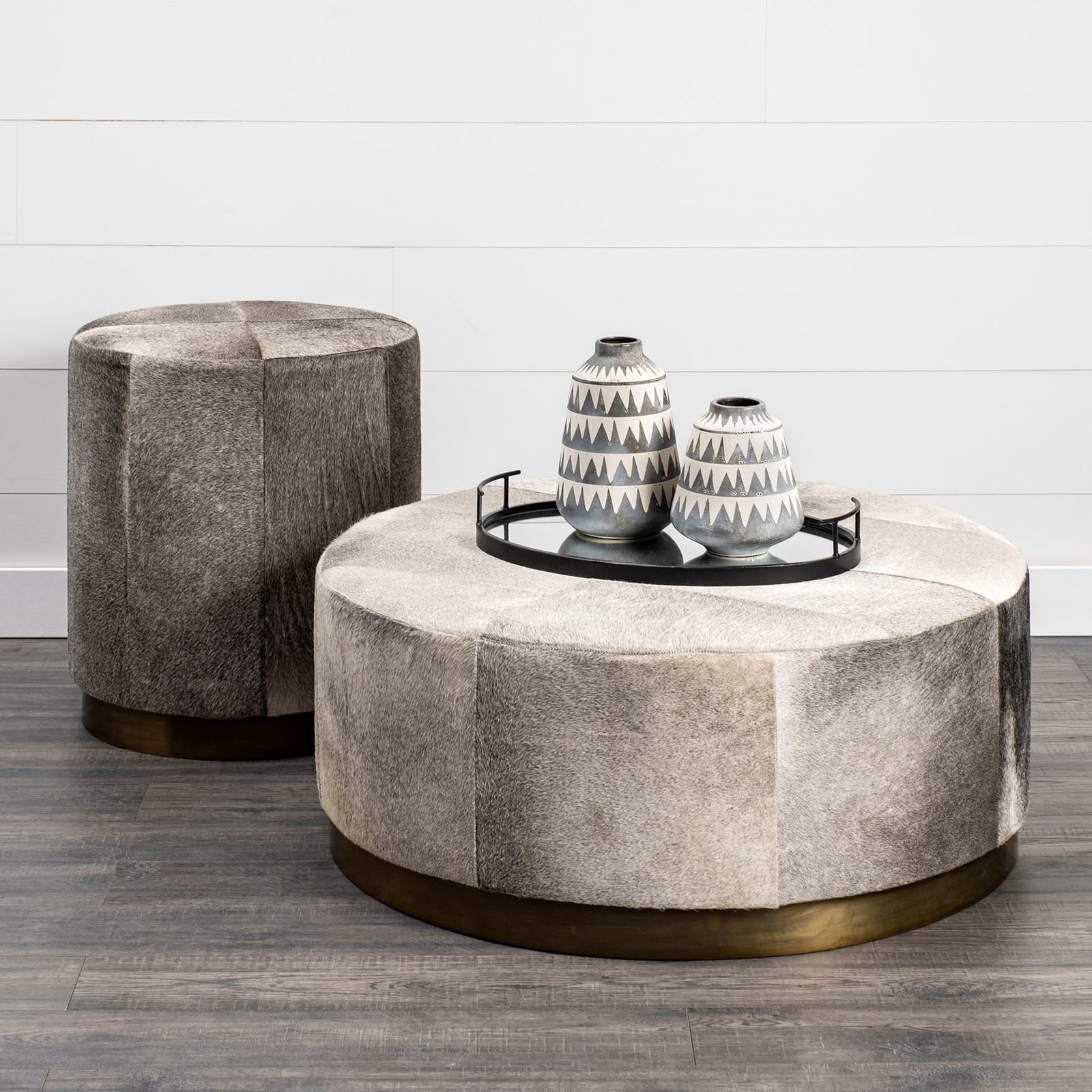 Gray Cowhide Round Ottoman With Metal Base