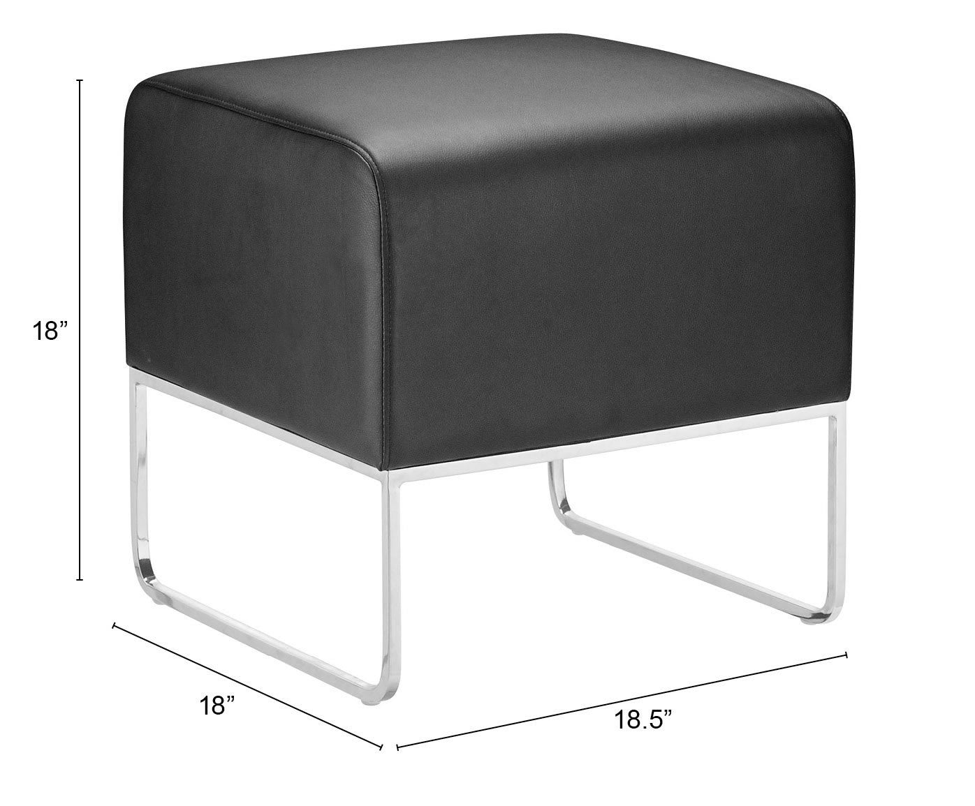 18" Black Faux Leather And Silver Ottoman
