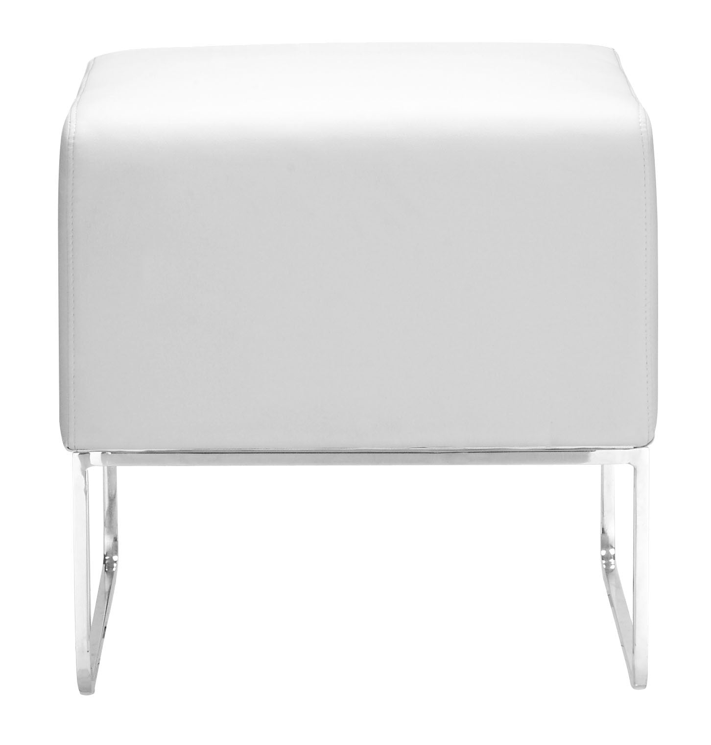 18" White Faux Leather And Silver Ottoman