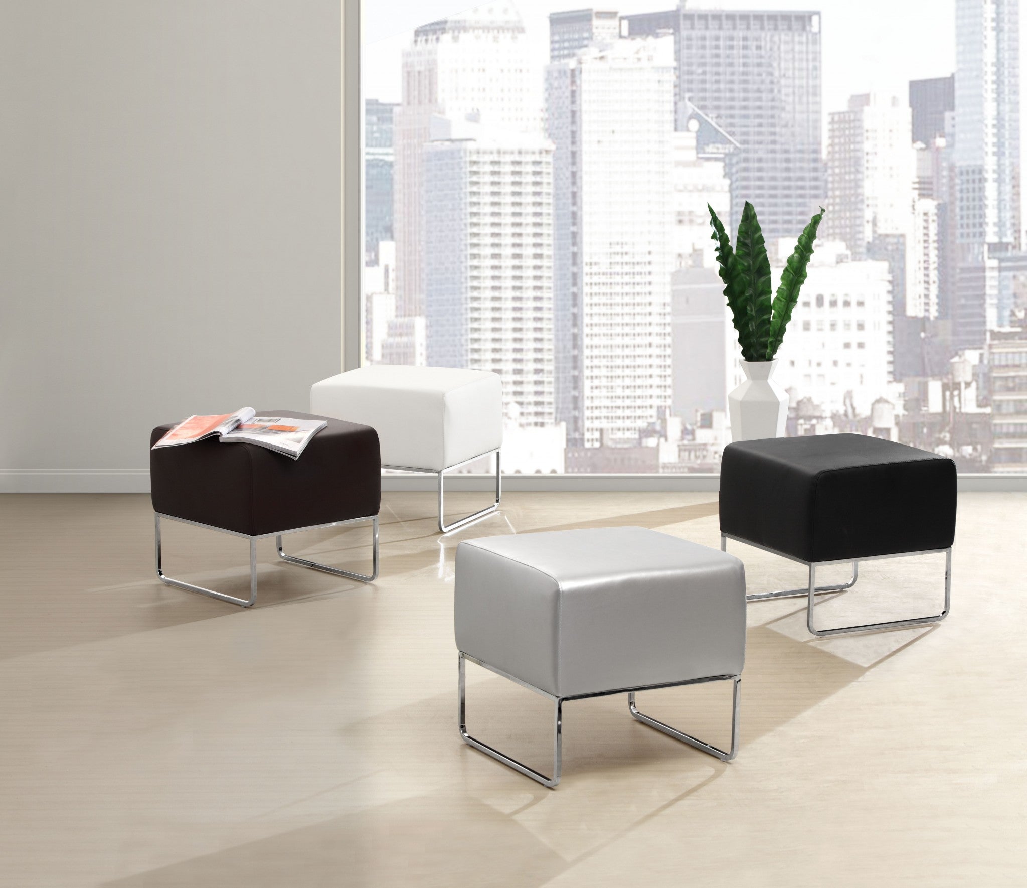 18" White Faux Leather And Silver Ottoman