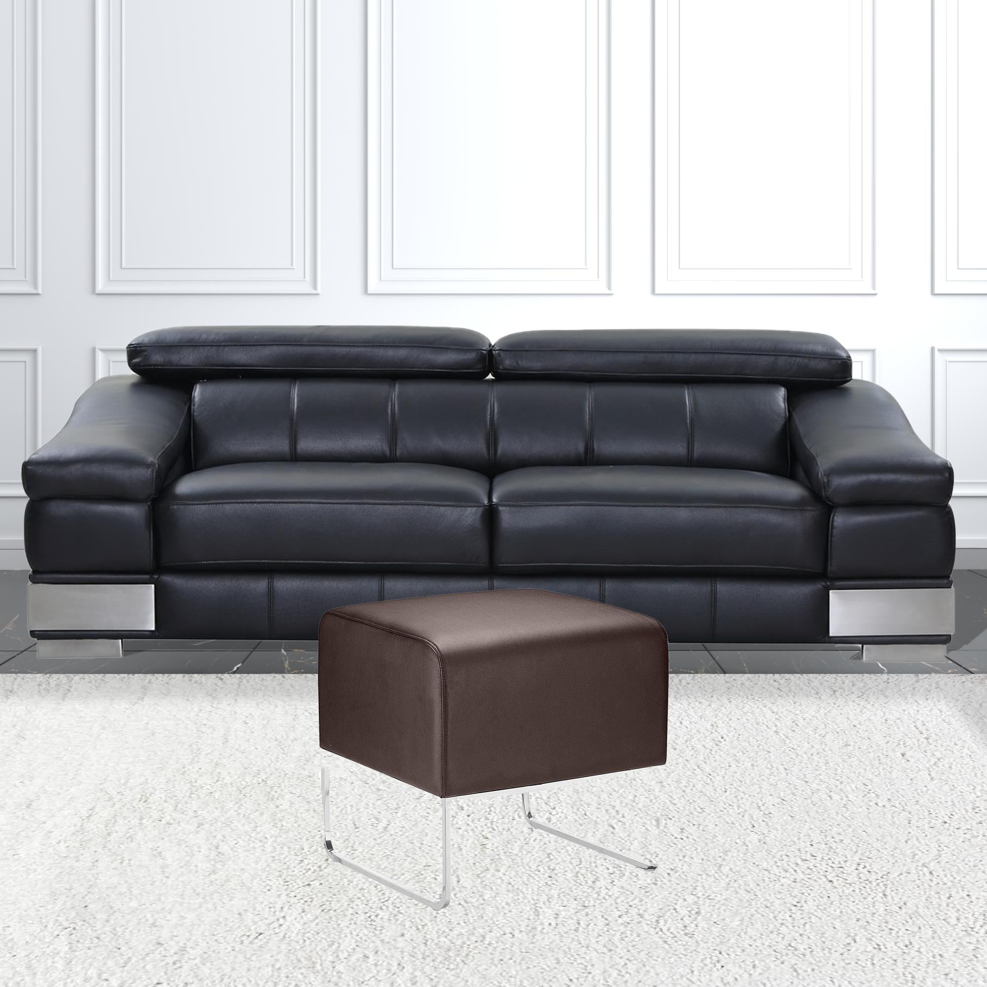 18" Expresso Brown Faux Leather With Chrome Ottoman
