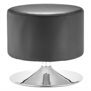 18" Black Faux Leather With Chrome Round Ottoman