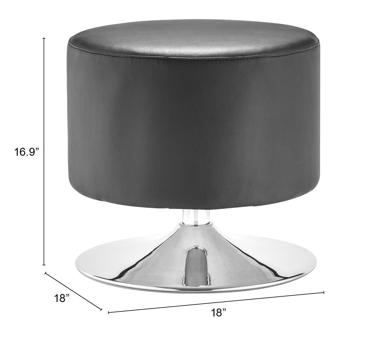 18" Black Faux Leather With Chrome Round Ottoman