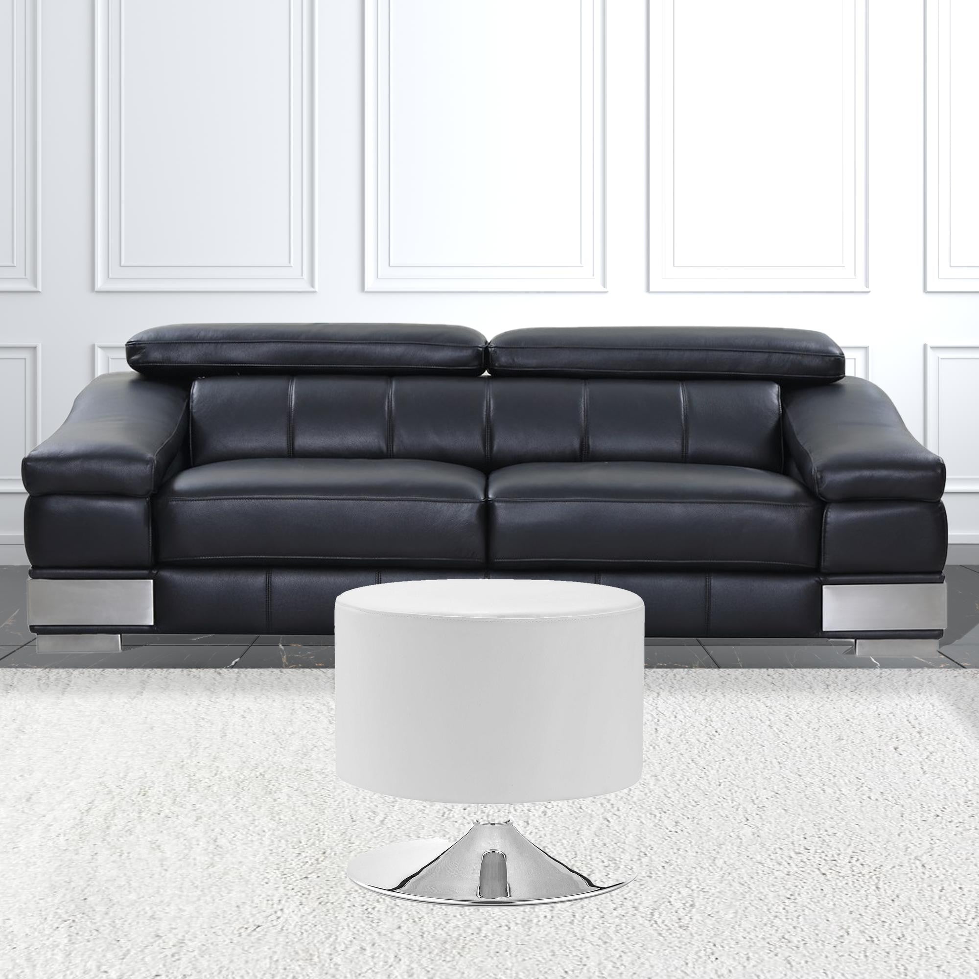 18" White Faux Leather And Silver Round Ottoman