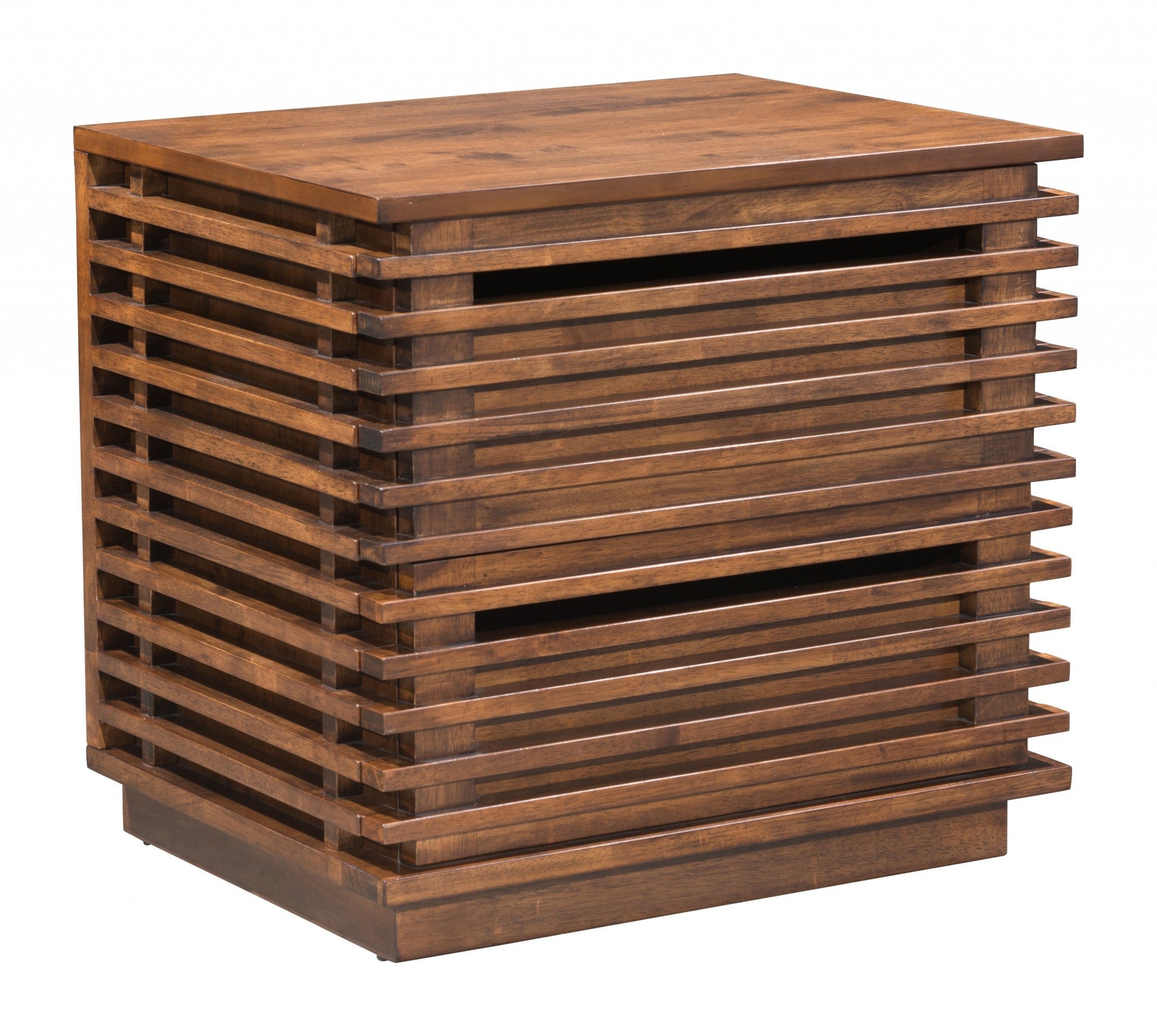 Walnut Solid Wood Modern Slat Design End Table with Drawers 22"