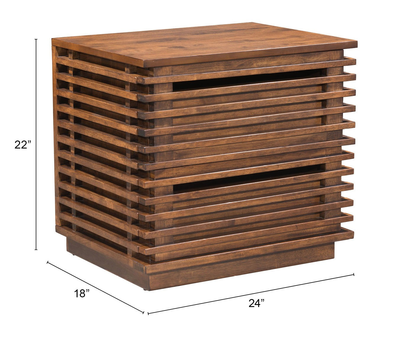 Walnut Solid Wood Modern Slat Design End Table with Drawers 22"