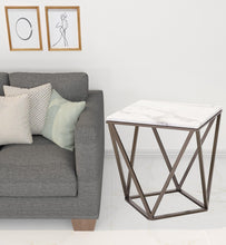 Mesa auxiliar rectangular de latón antiguo y piedra blanca de 22