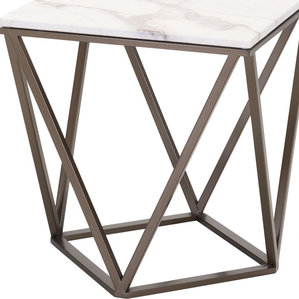 Mesa auxiliar rectangular de latón antiguo y piedra blanca de 22"