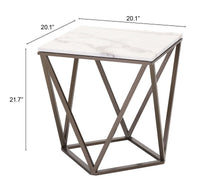 Mesa auxiliar rectangular de latón antiguo y piedra blanca de 22