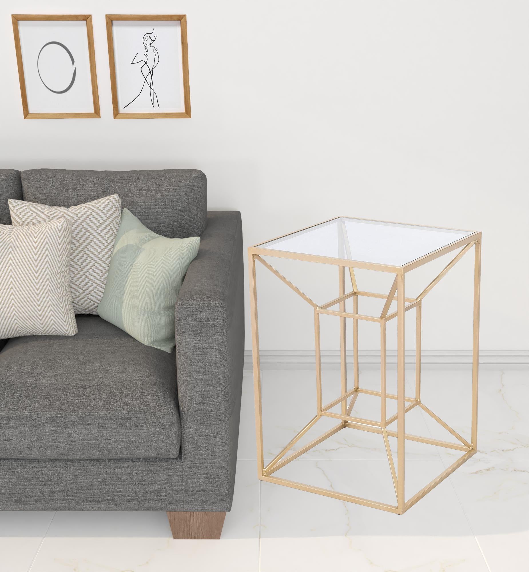 23" Gold And Clear Genuine Marble Look Square End Table