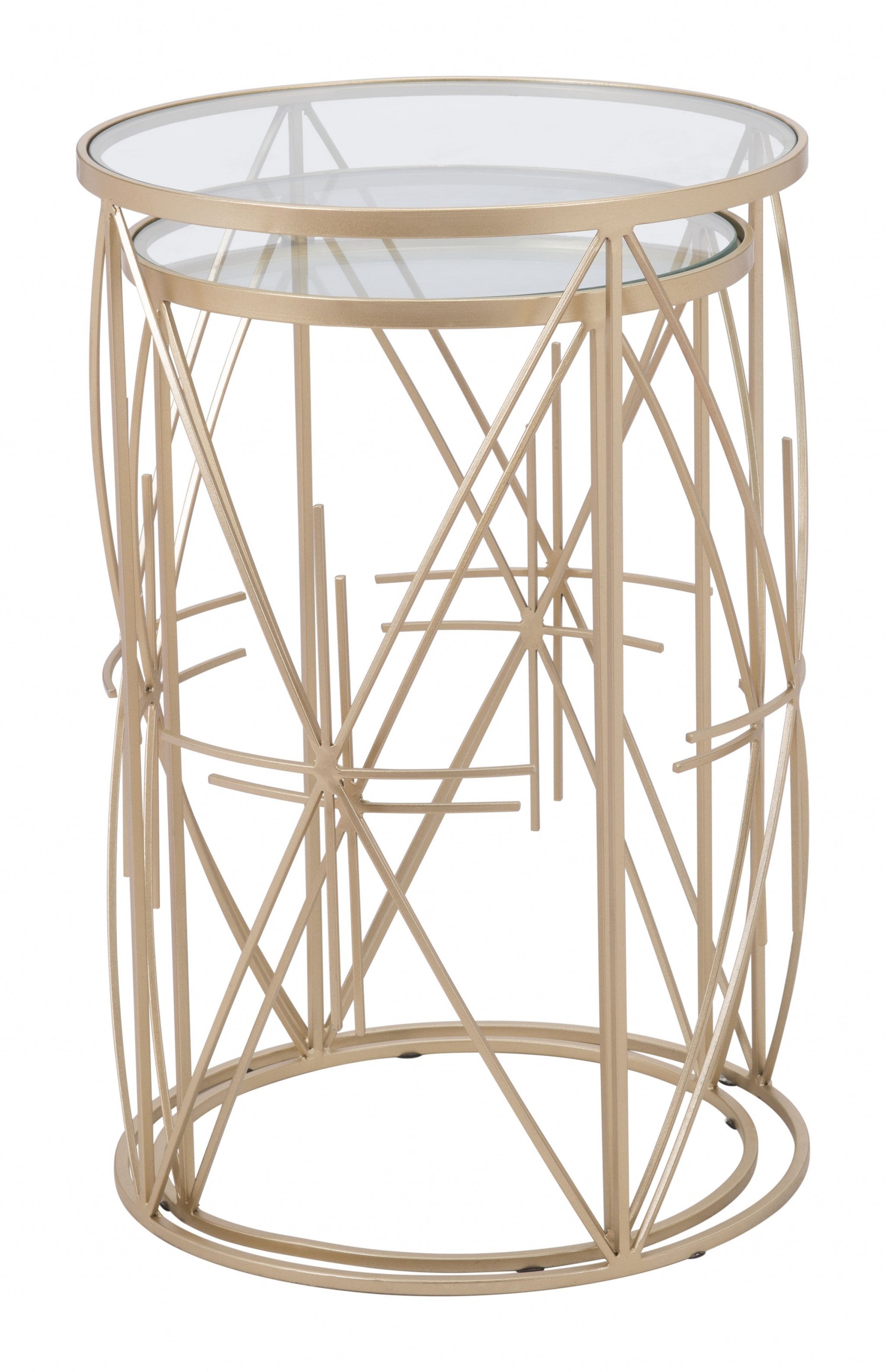 Conjunto de dos mesas auxiliares geométricas doradas y de vidrio