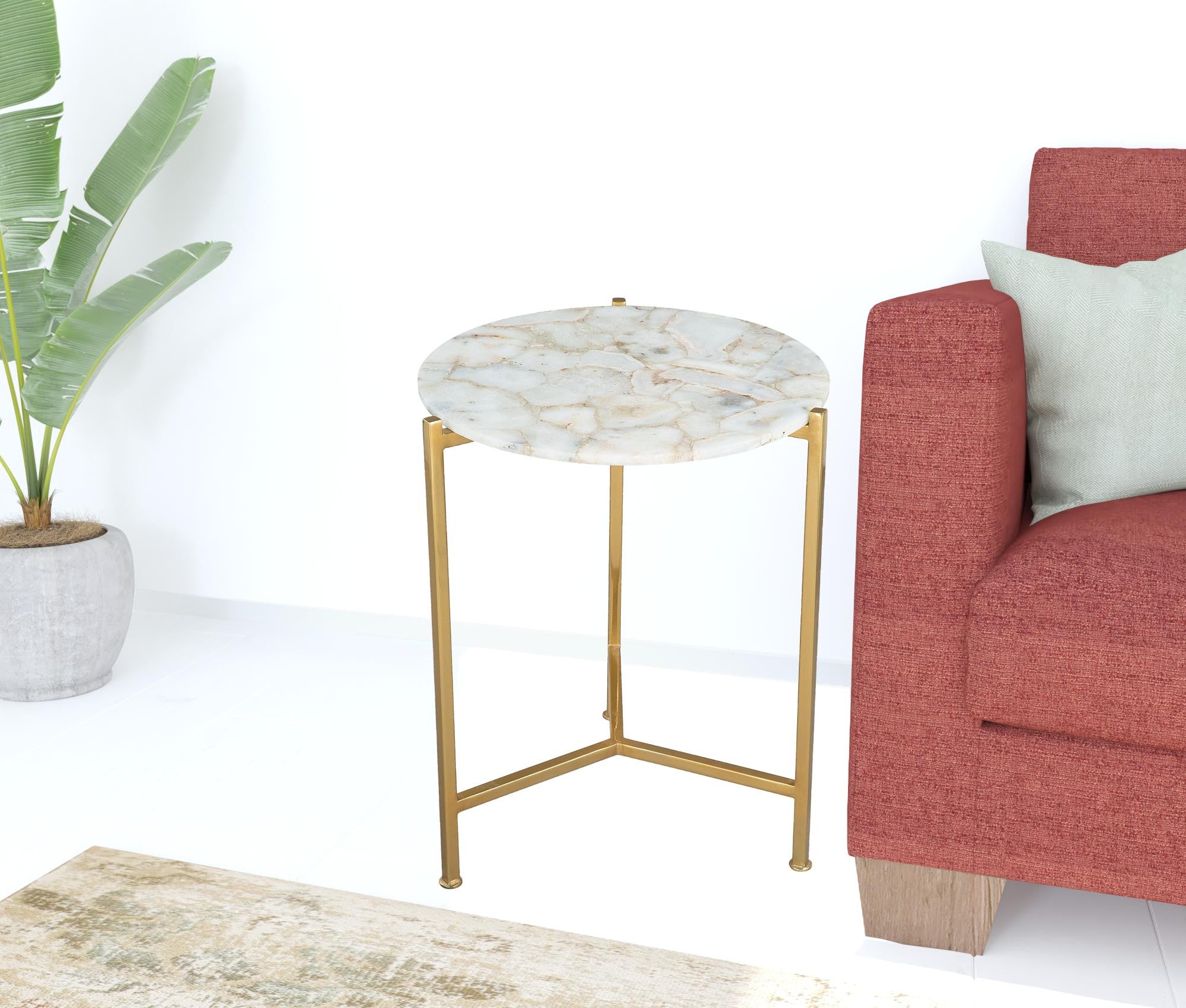 20" Gold And White Genuine Marble Look Round End Table