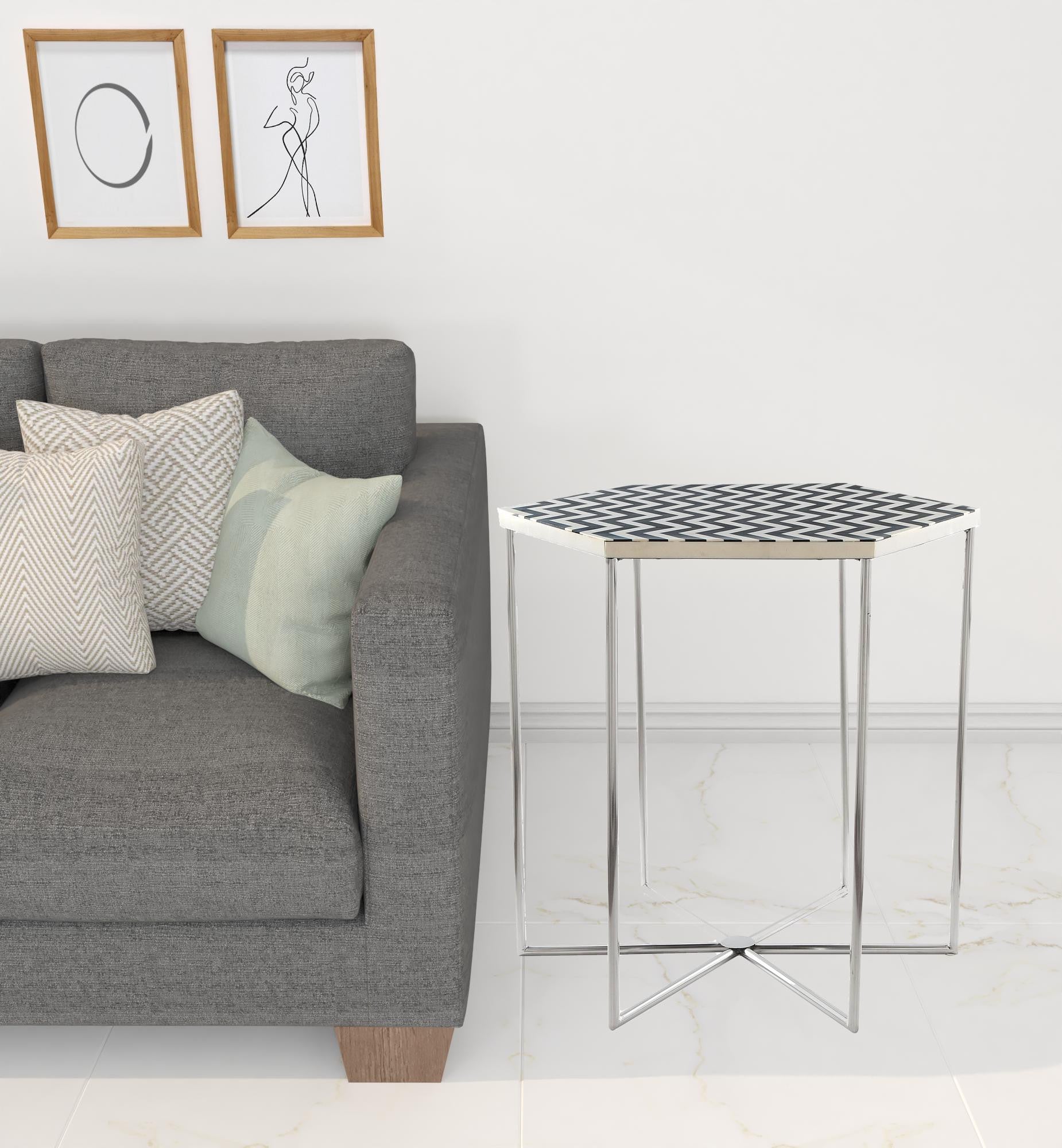 Mesa auxiliar hexagonal de piedra plateada y blanca y negra de 21"