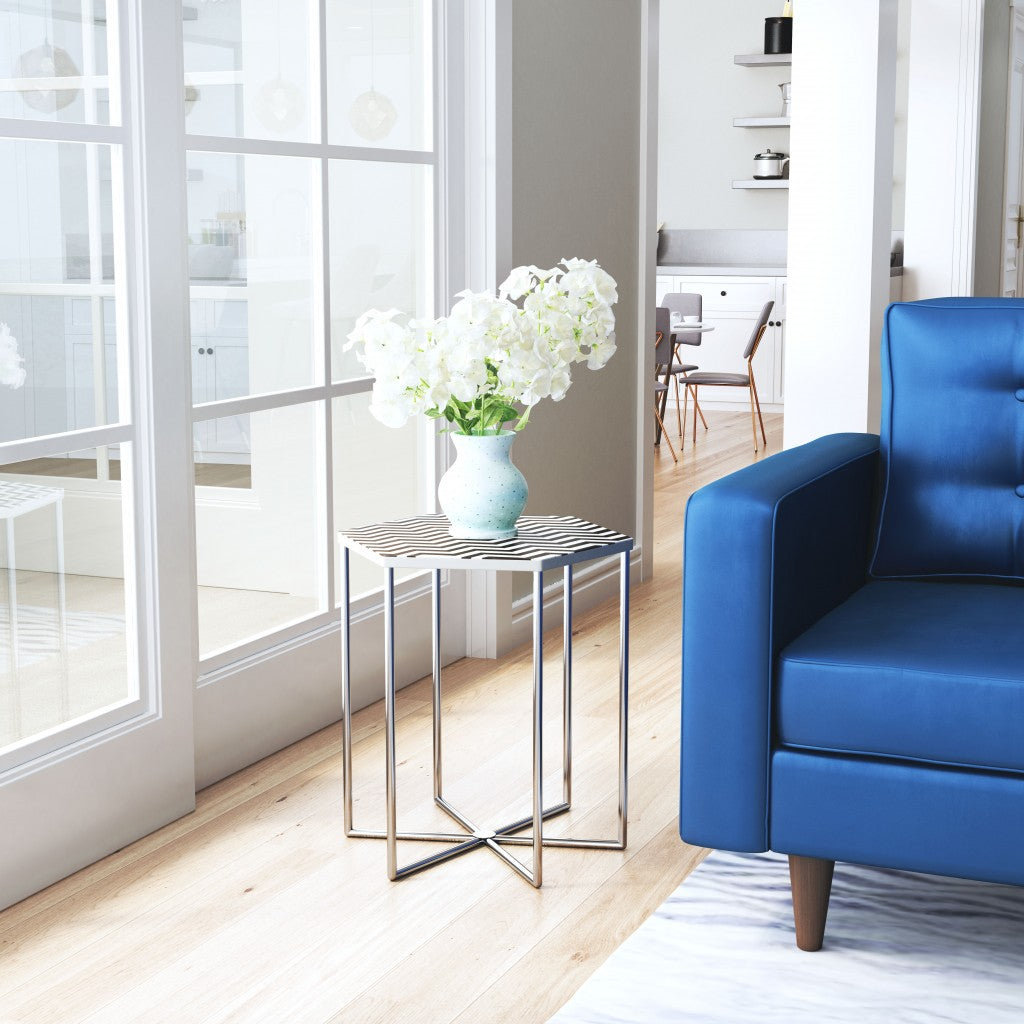 Mesa auxiliar hexagonal de piedra plateada y blanca y negra de 21"