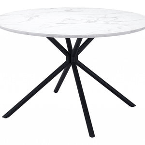 47" White Faux Marble Print And Black Round Dining Table
