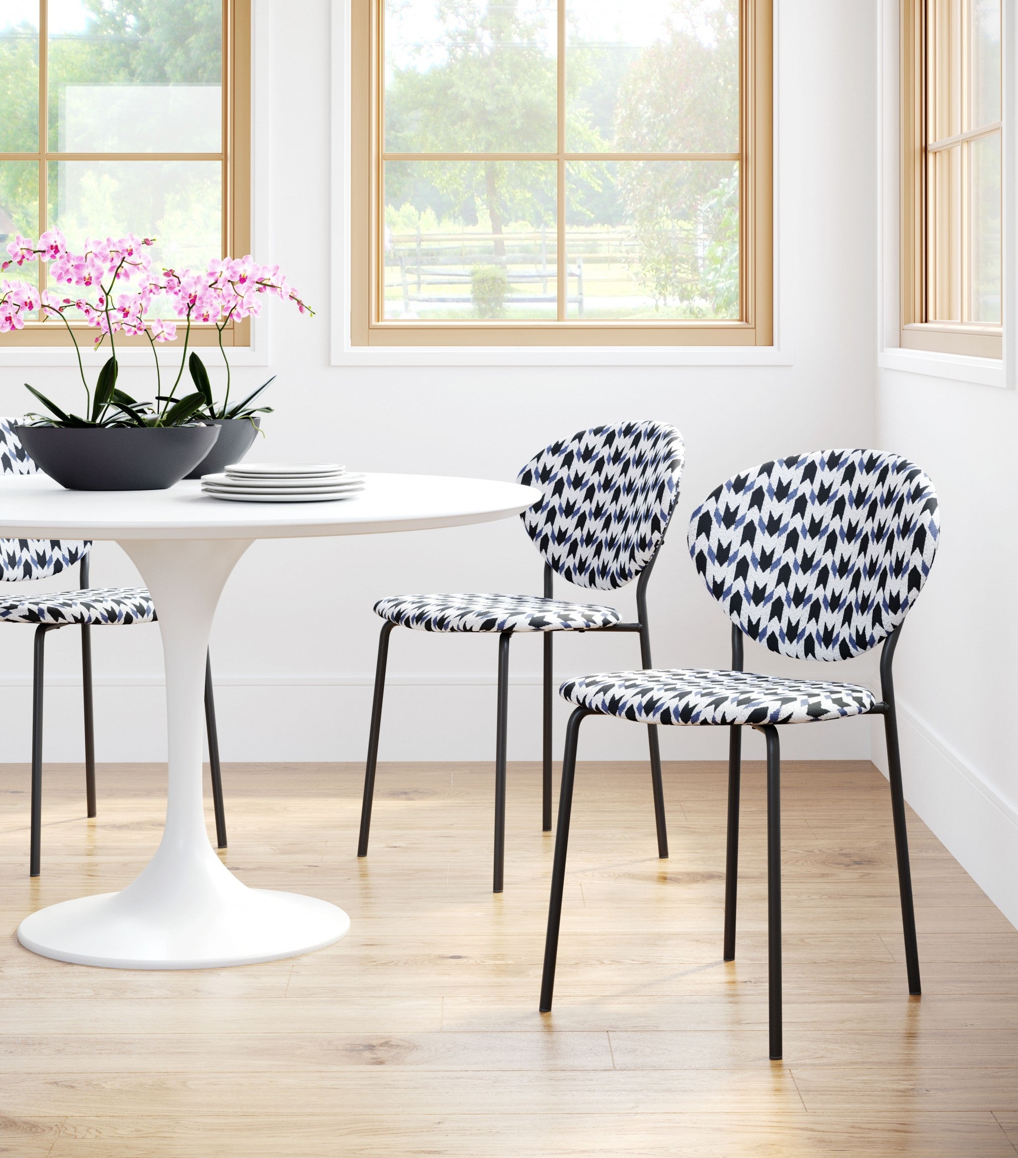 Set of Two Blue Black and White Arrow Design Dining or Side Chairs
