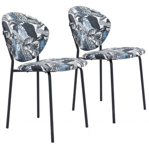 Set of Two Blue Black and White Tropical Design Dining or Side Chairs