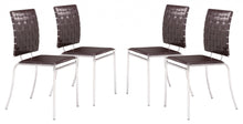 Set of Four Brown Faux Leather and Steel Modern Basket Weave Dining Chairs