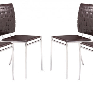 Set of Four Brown Faux Leather and Steel Modern Basket Weave Dining Chairs