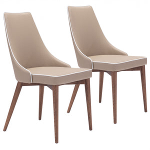 Set of Two Beige with White Piping and Walnut Dining Chairs