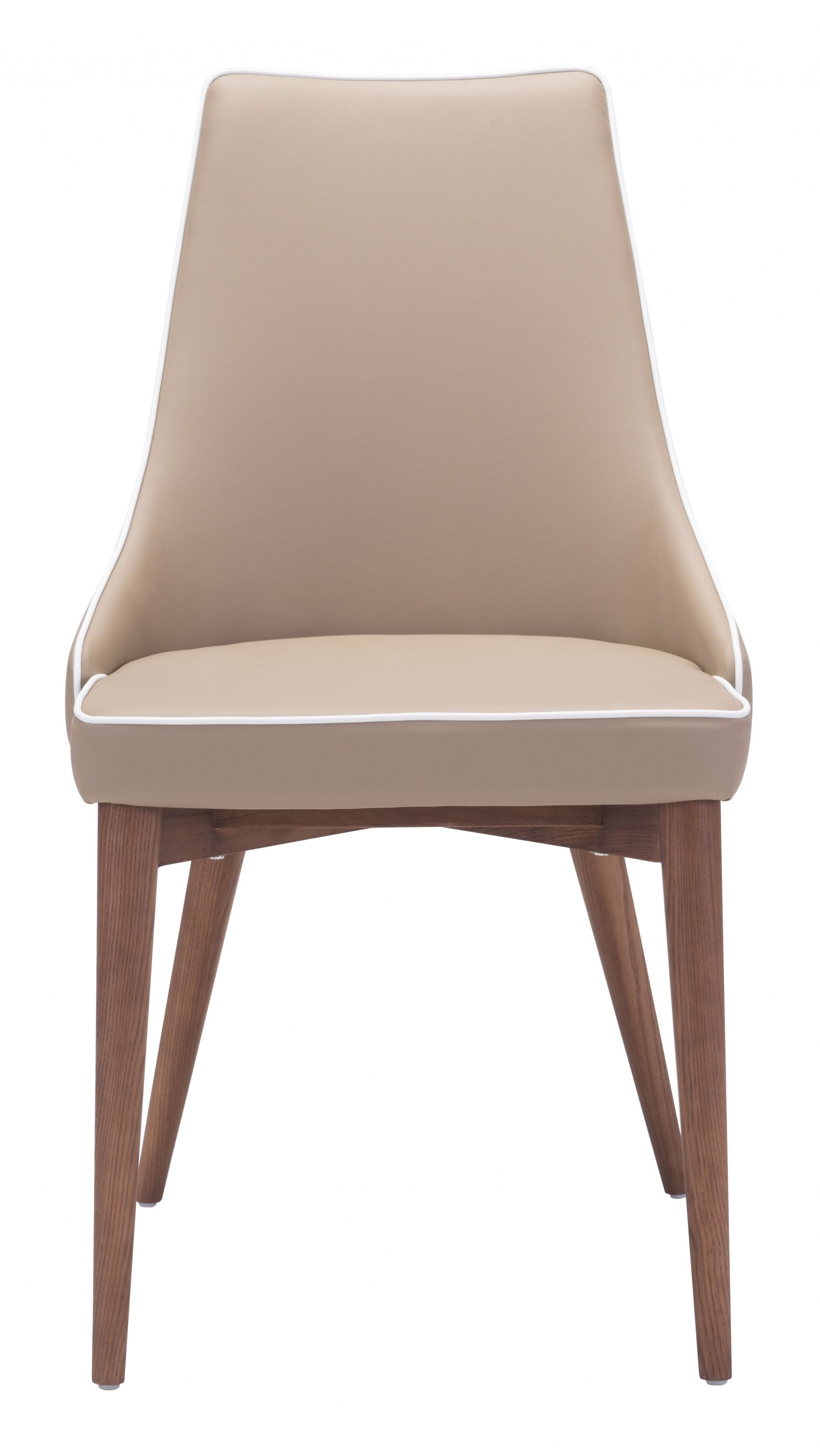 Set of Two Beige with White Piping and Walnut Dining Chairs