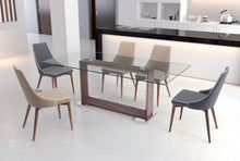 Set of Two Beige with White Piping and Walnut Dining Chairs