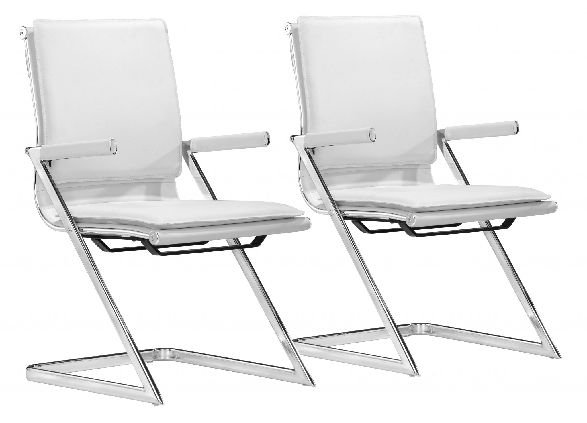 White Faux Leather Seat Adjustable Conference Chair Metal Back Steel Frame Set Of Two